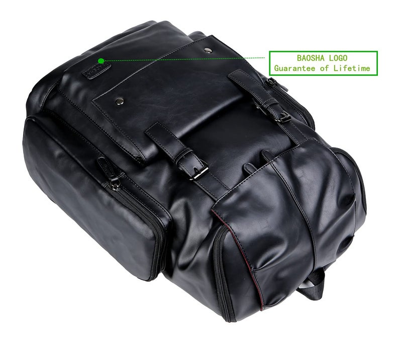 Baosha BP-16 PU Leather Casual Backpack 15.6inch Laptop Backpack Travel Backpack Hiking Comping Backpack Daypack Black - Image 3